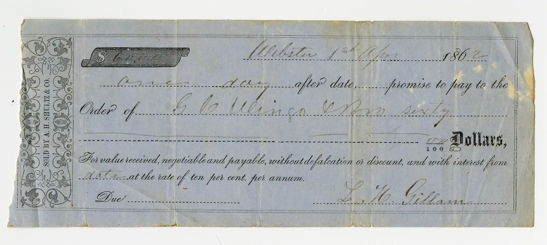 Håndskrevet gjeldsbrev fra 1862 på gulnet papir, med trykt ramme, utfylt beløp og signatur nederst til høyre